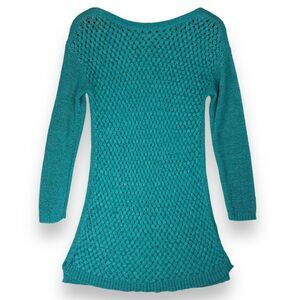 Soft Surroundings Teal Blue Open Knit Sweater Tunic Long Sleeve Beach Cover Up M